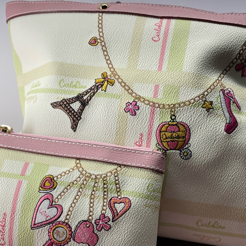Carlo Rino Vinyl Satchel Shoulder Bag Cinderella Charm 
Matching Wristlet